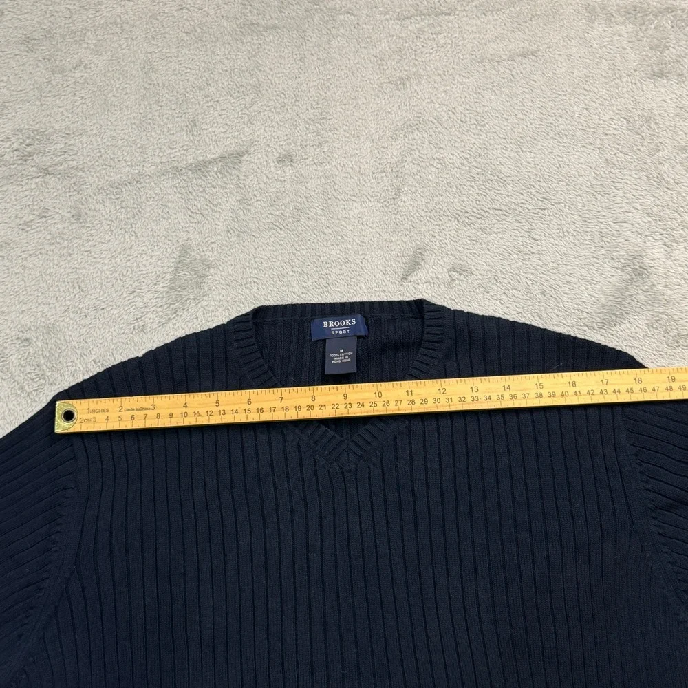 Brooks Sport Mens Navy Blue Ribbed V-Neck Cotton Sweater Size Med Long Sleeve